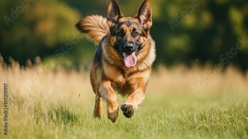 Energetic German Shepherd Dog Running Rapidly Through Grassy Meadow