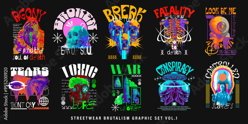 Streetwear graphic vector set, streetwear t shirt design bundle, brutalism graphic t-shirt, urban street style vector set, streetwear clothing design for print
