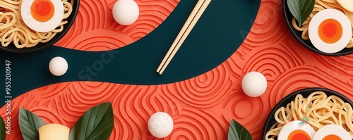 Ramen noodles with soft boiled eggs and chopsticks on a patterned red background.