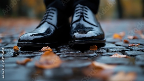 This image captures a close-up view of shiny black dress shoes on a wet cobblestone street, with fallen autumn leaves, highlighting elegance and the season's atmosphere.