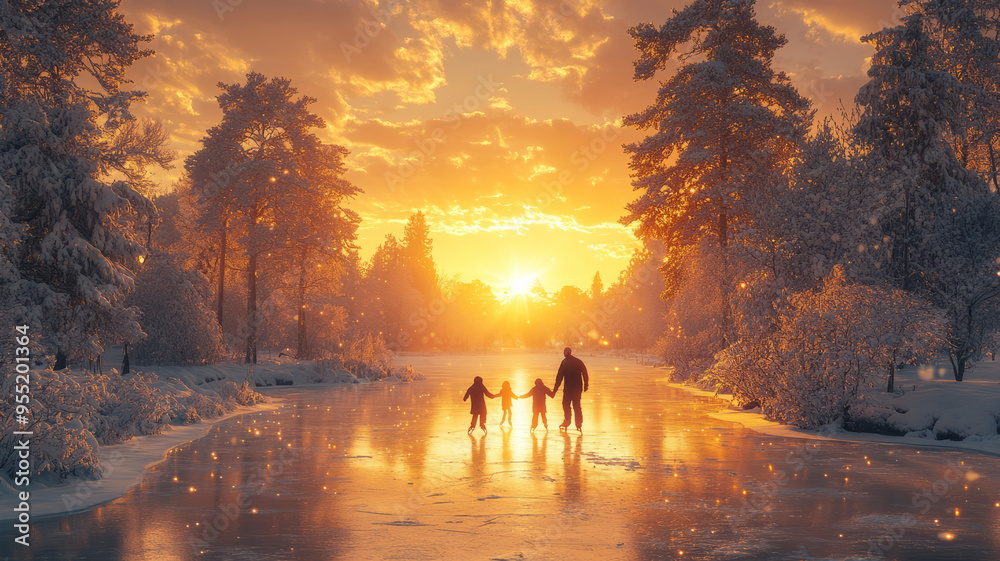 A family ice skating on a frozen lake surrounded by snow-covered trees, parents helping their children glide on the ice A family ice skating on a frozen lake surrounded by snow-covered trees, parents helping their children glide on the ice