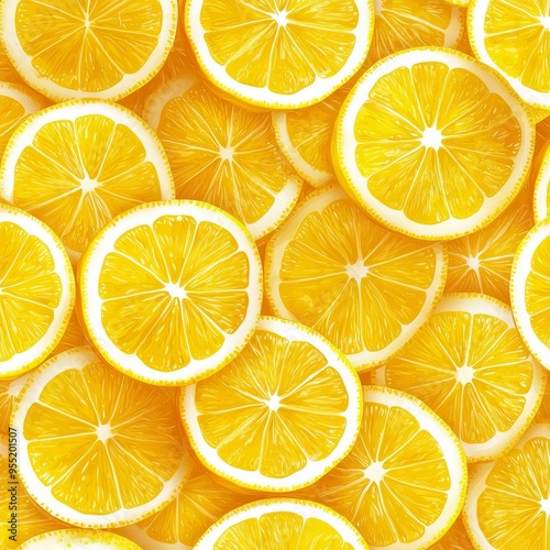 Geometric lemon slice pattern, bright yellow rounds with a crisp white background, clean and fresh look