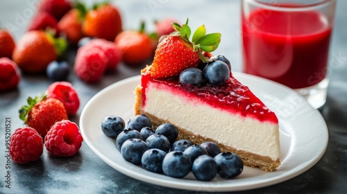 A slice of cheesecake with strawberries, blueberries and raspberries on top of a white plate. A glass of red juice is next to the plate, with copy space