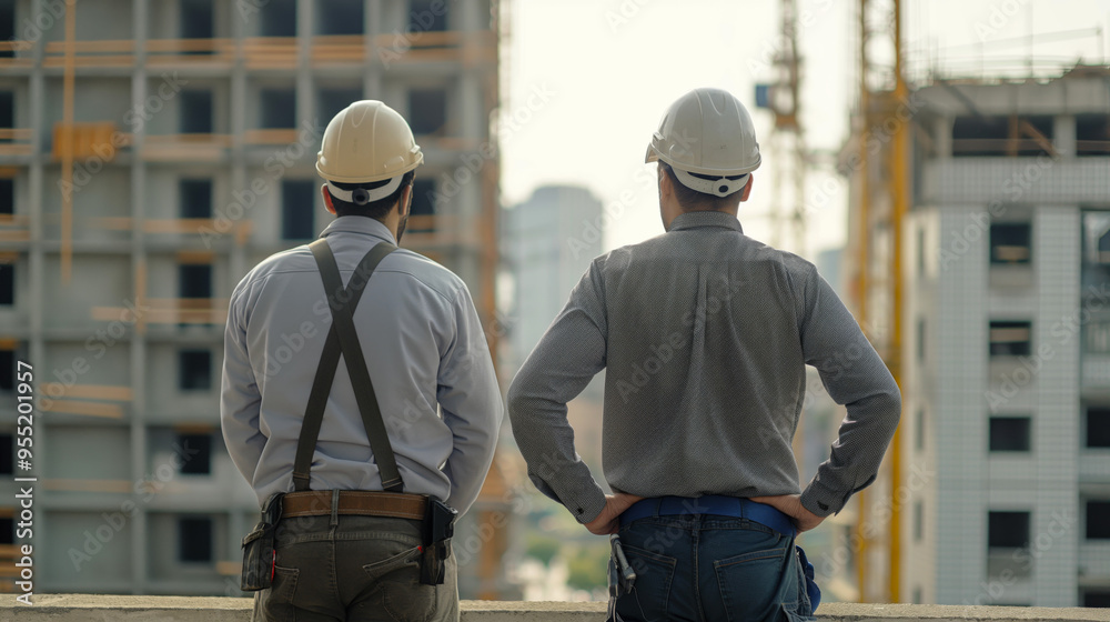 Two construction workers standing, cinematic shot