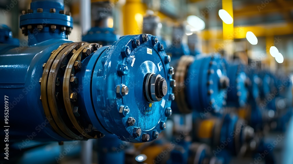 Obraz premium Row of Industrial Valves in Operation: A row of large industrial valves lined up in a gas plant, with pipes extending in various directions.