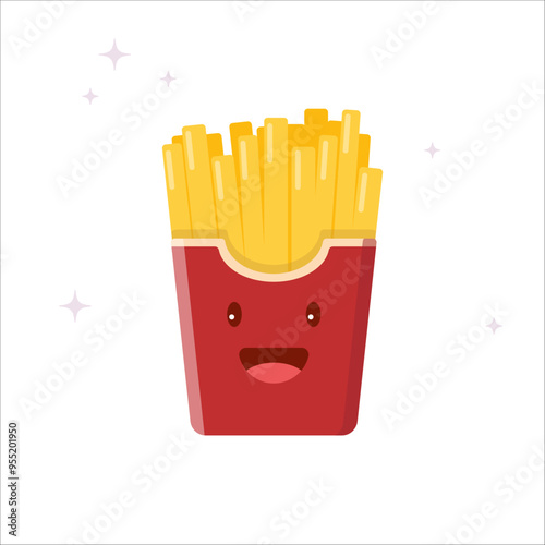 French fries in red packaging. Fast food with a cute face. Smiling tasty potato, friendly character. Flat vector illustration on white background