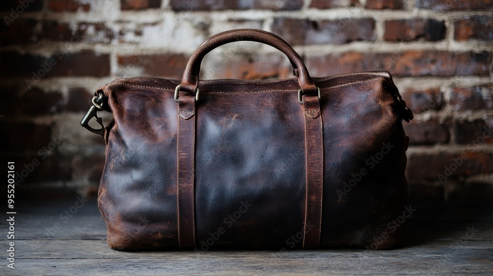 A rich brown leather bag featuring solid handles and a rugged texture is displayed on a table against a weathered brick wall, reflecting luxury and functionality. A rich brown leather bag featuring solid handles and a rugged texture is displayed on a table against a weathered brick wall, reflecting luxury and functionality.
