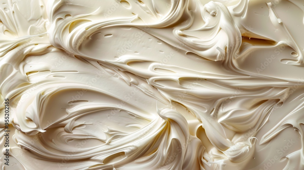 Close-up of smooth, creamy white frosting swirled into an abstract pattern. Close-up of smooth, creamy white frosting swirled into an abstract pattern.