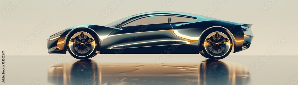 Modern, sleek sports car with reflective surface, showcasing elegant design and high-performance features in a studio setting. Modern, sleek sports car with reflective surface, showcasing elegant design and high-performance features in a studio setting.