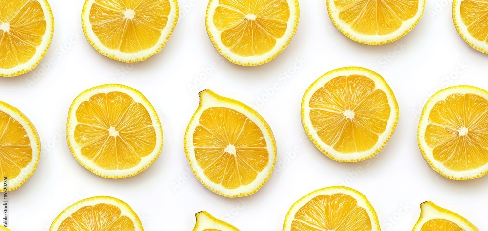 Playful lemon slices arranged in a uniform pattern, bold yellow on white, perfect for summer-themed designs Playful lemon slices arranged in a uniform pattern, bold yellow on white, perfect for summer-themed designs