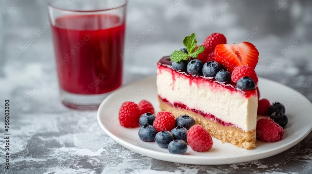 A slice of cheesecake with strawberries, blueberries and raspberries on top of a white plate. A glass of red juice is next to the plate, with copy space A slice of cheesecake with strawberries, blueberries and raspberries on top of a white plate. A glass of red juice is next to the plate, with copy space