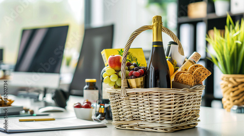 Elegant Gift Basket Filled with Gourmet Snacks and Wine on Modern Office Desk with Computer and Notepads, Soft Office Lighting