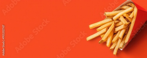 French fries spilling out of a red paper cup on a red background.