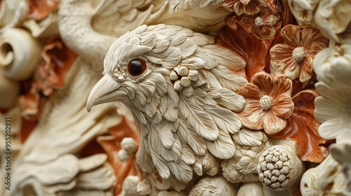 Closeup of a Ceramic Bird Sculpture with Flowers.