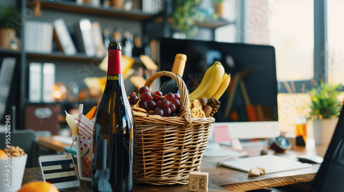 Elegant Gift Basket Filled with Gourmet Snacks and Wine on Modern Office Desk with Computer and Notepads, Soft Office Lighting