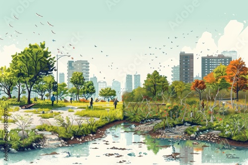 Illustration of Thriving Urban Green Space vs. Neglected Urban Decay

