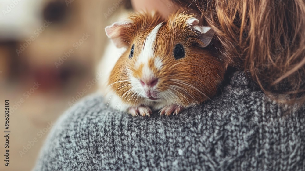 Adorable Fluffy Guinea Pig Peeking from Cozy Knitted Sweater Closeup Portrait Adorable Fluffy Guinea Pig Peeking from Cozy Knitted Sweater Closeup Portrait