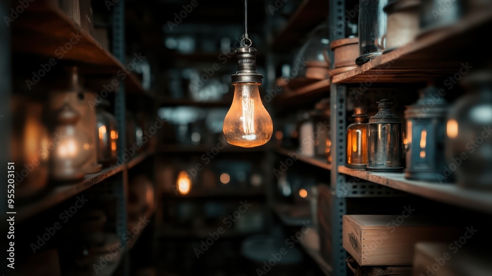 A glowing antique bulb hangs from the ceiling in an old-fashioned store, surrounded by shelves filled with various vintage jars, cookware, and decorative items. A glowing antique bulb hangs from the ceiling in an old-fashioned store, surrounded by shelves filled with various vintage jars, cookware, and decorative items.