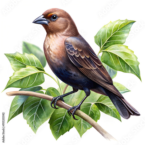 Lifelike Watercolor Painting of a Brown-Headed Cowbird Sitting on a Branch photo