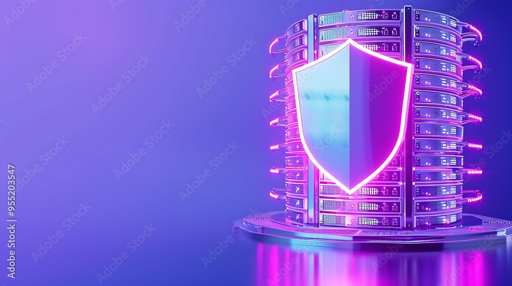 Glowing shield, abstract cybersecurity concept, neon light, futuristic tech protection, purple background, digital defense illustration. Glowing shield, abstract cybersecurity concept, neon light, futuristic tech protection, purple background, digital defense illustration.