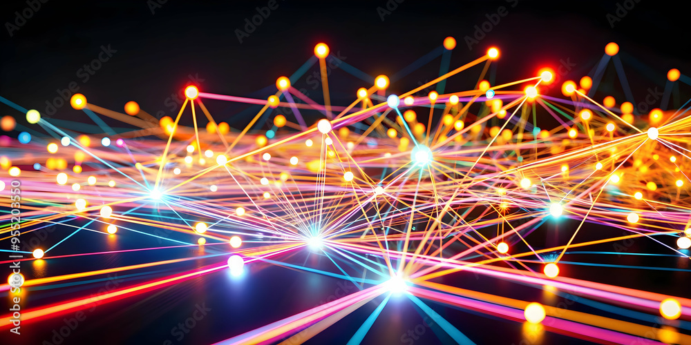 3D Glowing Abstract Digital Art with Network Lines Connecting Nodes Concept. 3D Glowing Abstract Digital Art with Network Lines Connecting Nodes Concept.