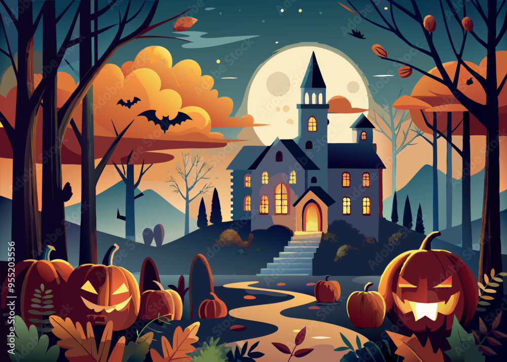 A Halloween scene with a castle and a graveyard. The castle is surrounded by trees and there are pumpkins with scary faces on them. Scene is spooky and eerie