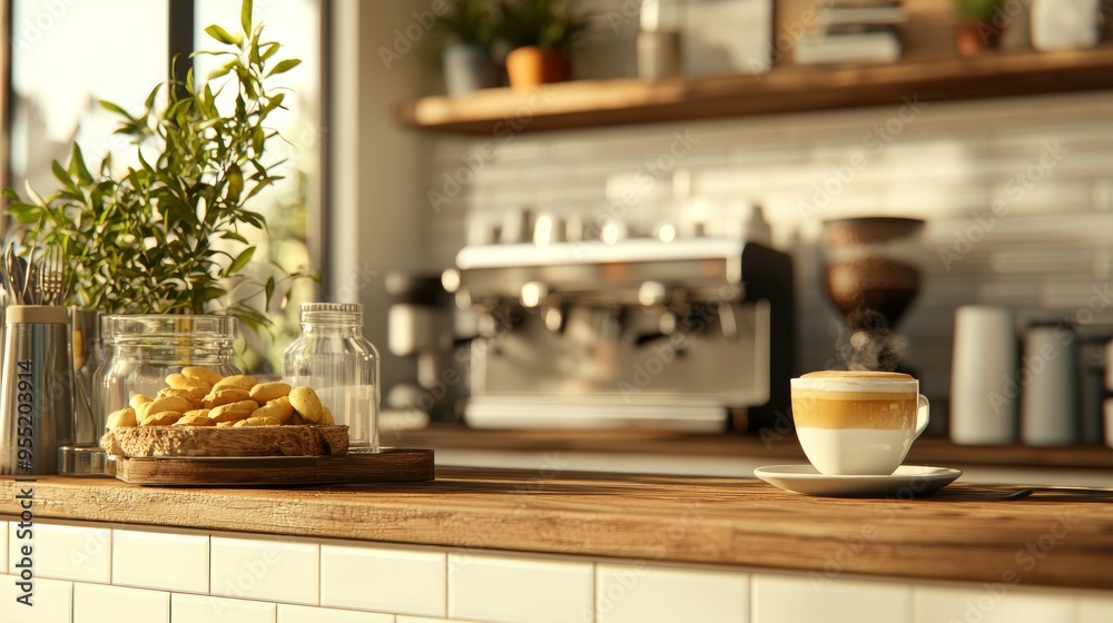 Coffee Break at the Cafe   Wooden Countertop  Latte  and Snacks