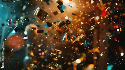 Vibrant confetti explosion with golden and colorful particles, perfect for celebrations and festive events, creating a joyful and lively atmosphere.