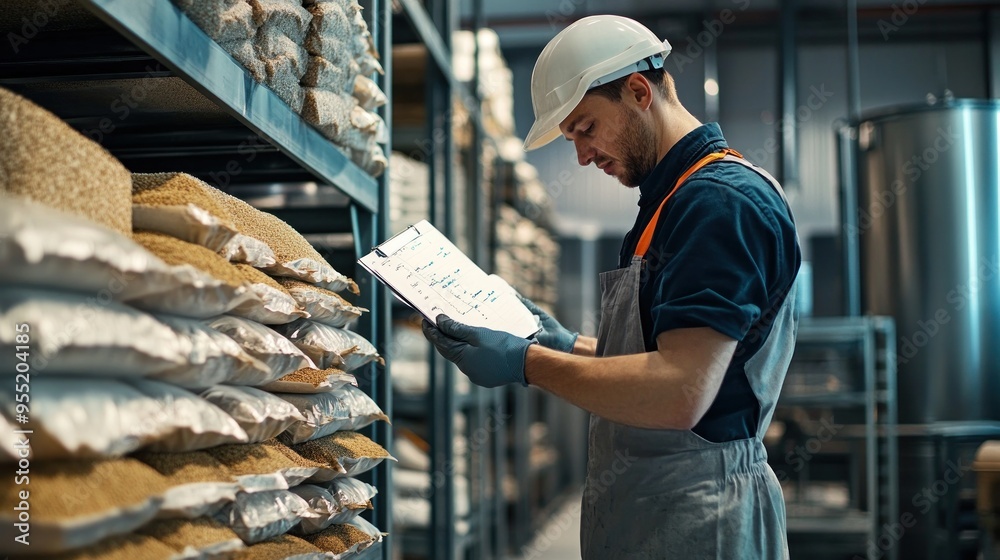 Worker Checking Inventory in a Food Processing Facility