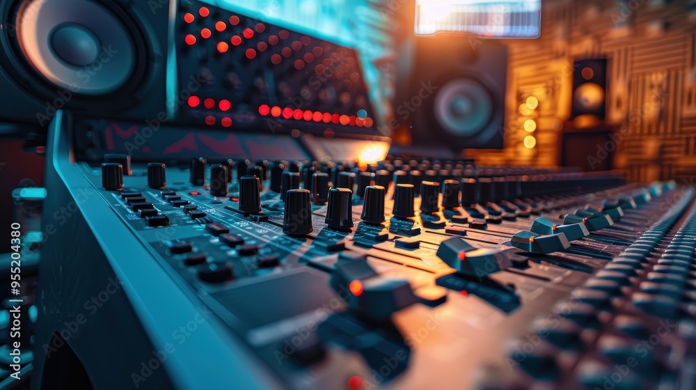 Close-up of a professional audio mixing console in a modern recording studio, with vibrant lights and high-quality sound equipment. Close-up of a professional audio mixing console in a modern recording studio, with vibrant lights and high-quality sound equipment.