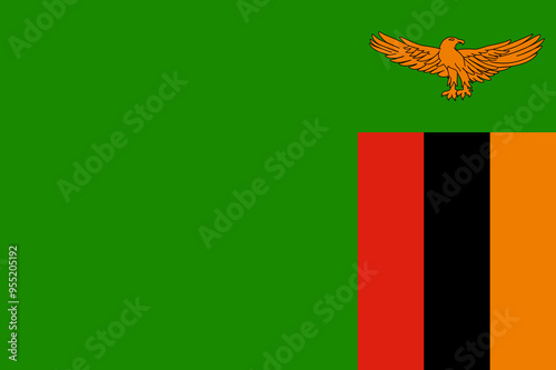 National Flag Republic of Zambia - vector, rgreen field with an orange coloured eagle in flight over a rectangular block of three vertical stripes coloured from left to right in red, black and orange photo