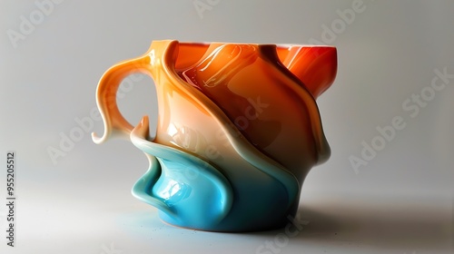 A ceramic pitcher with an abstract design, featuring a gradient of orange, yellow, and blue colors. The pitcher has a unique, flowing shape with a handle that is formed by the same flowing lines. photo