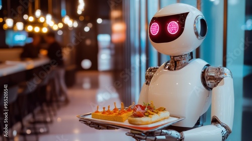Robotic Waiter Serving Food Tray in Futuristic Restaurant Setting