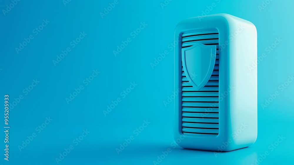 Minimalistic image of an air purifier with a shield icon symbolizing protection, placed against a solid blue background with soft lighting. Minimalistic image of an air purifier with a shield icon symbolizing protection, placed against a solid blue background with soft lighting.