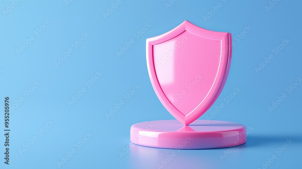 Minimalistic pink shield trophy on blue background, representing protection and victory in a modern, stylish design. Minimalistic pink shield trophy on blue background, representing protection and victory in a modern, stylish design.