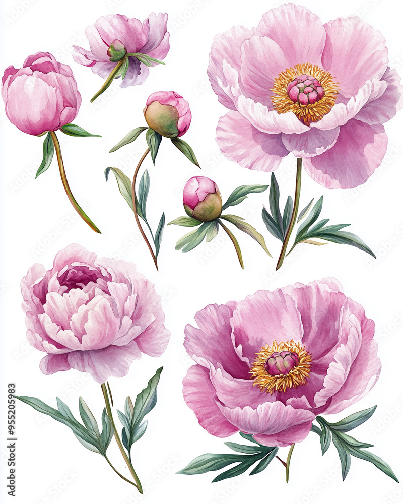 pink watercolor peonies and green leaves on a white background. pink watercolor peonies and green leaves on a white background.