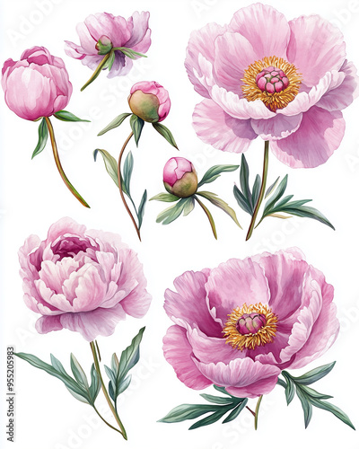 pink watercolor peonies and green leaves on a white background.