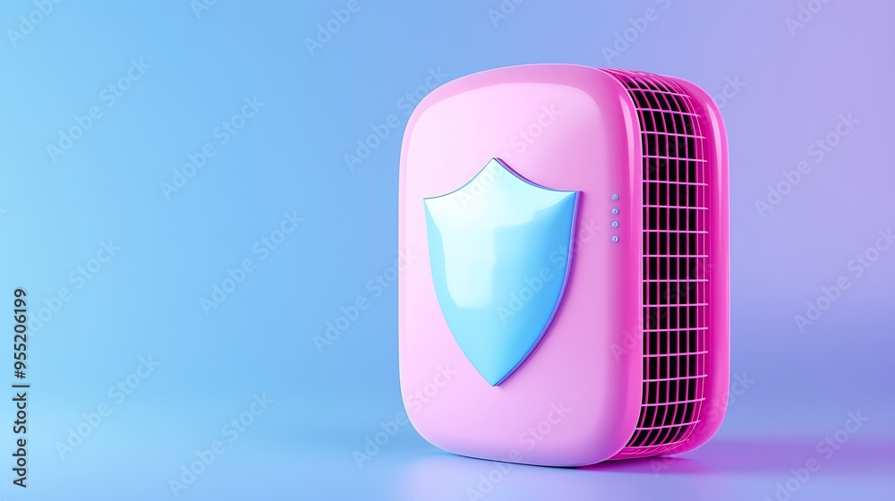 Modern air purifier with a shield icon symbolizing protection, set against a vibrant blue and pink gradient background. Modern air purifier with a shield icon symbolizing protection, set against a vibrant blue and pink gradient background.