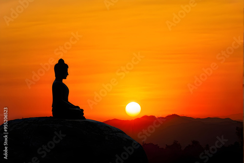 buddha silhouette on golden sunset background beliefs of Buddhism 