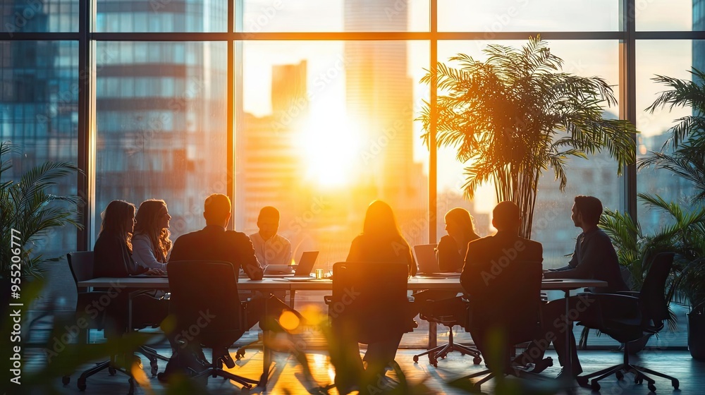 Fototapeta premium Office workers in a meeting with sunlight coming through the windows, Monday morning, collaboration and teamwork