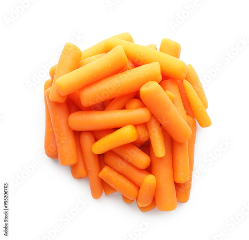 Pile of baby carrots isolated on white, top view