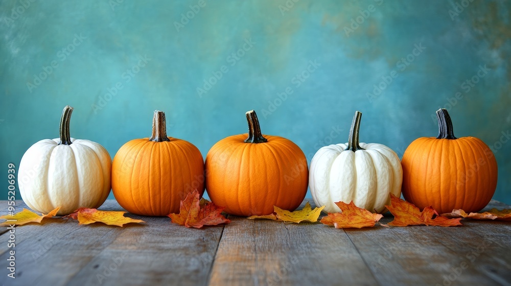 Rustic Pumpkin Display on Wooden Table with Autumn Leaves Rustic Pumpkin Display on Wooden Table with Autumn Leaves