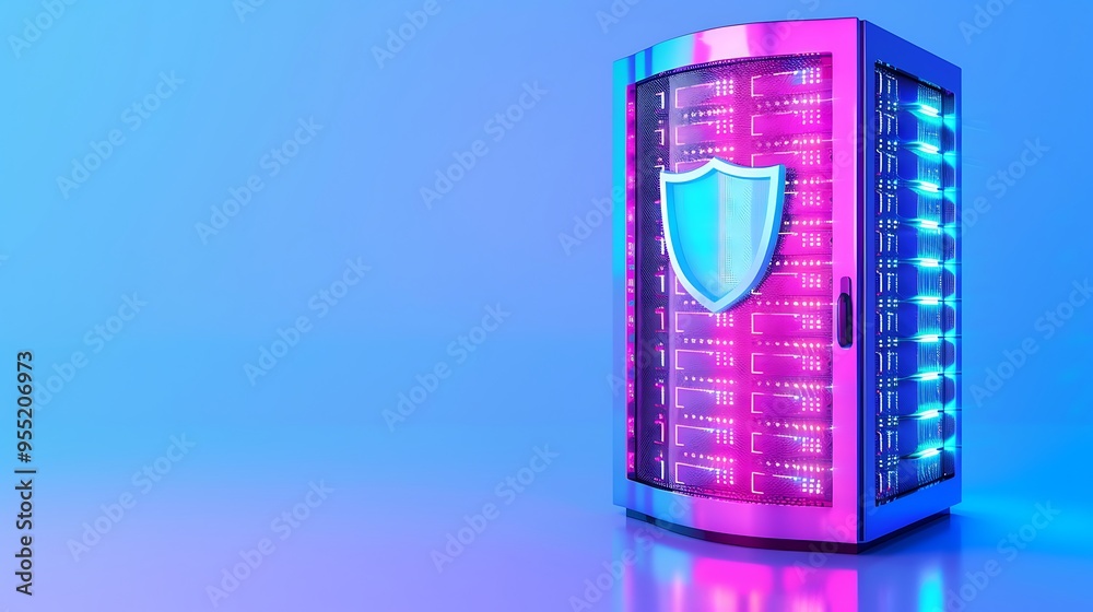 Modern data server with shield icon illustrating cybersecurity. Neon colors represent technology and security in a digital environment. Modern data server with shield icon illustrating cybersecurity. Neon colors represent technology and security in a digital environment.