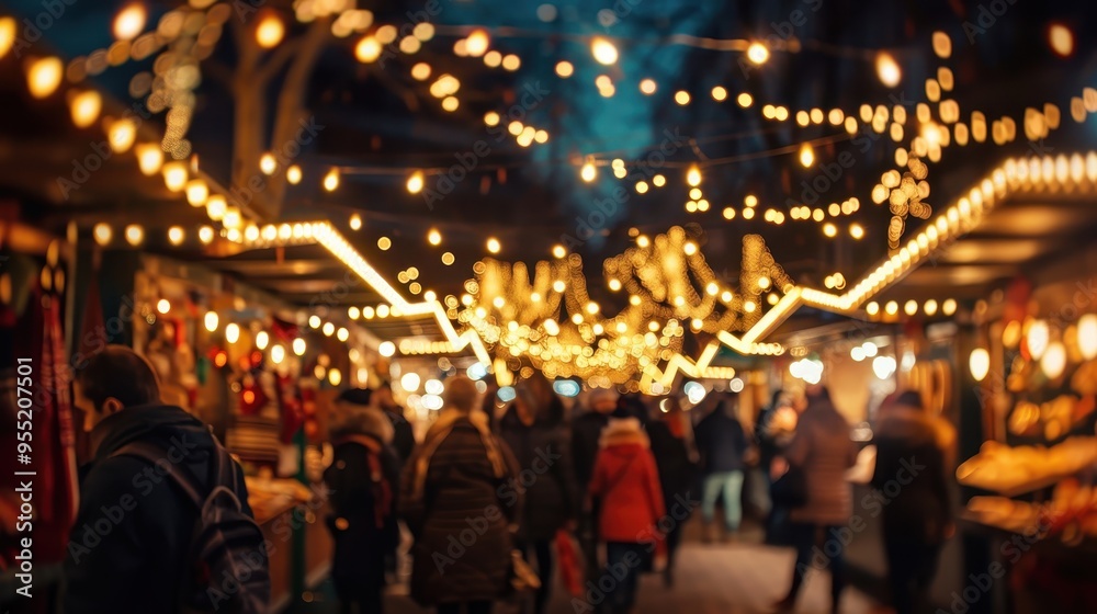 Fototapeta premium Festive night market with bright string lights, bustling crowds, and various stalls offering goods and food in a warm, lively atmosphere.