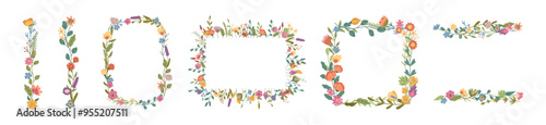 Floral borders lines and geometric frames compositions with wildflowers and foliage. Vector flat set of blooming plants, square and rectangle with copy space. Greeting or invitation banners