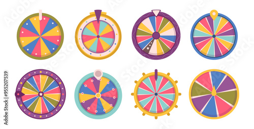 Fortune wheels and spinning roulettes. Vector set of rotating jackpot circles with sections. Gaming and betting, winning money and cash. Entertainment and leisure for players in vagas casino