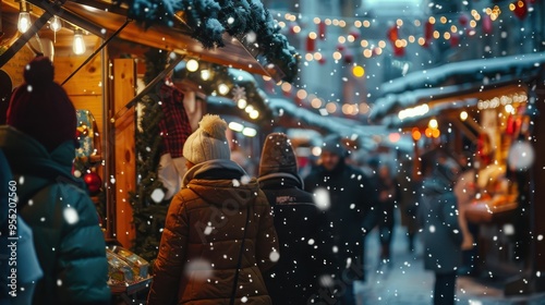 People enjoy shopping at a festive Christmas market, illuminated with string lights and decorations, while snow falls gently around them.