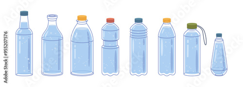Refillable glass or plastic bottles collection with lid and comfortable shape for holding. Vector isolated different shapes liquid containers in trendy style. Ecology and environmental care