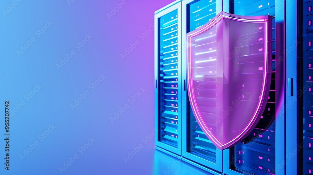 Modern server room with neon shield, depicting cybersecurity and data protection in a high-tech environment.