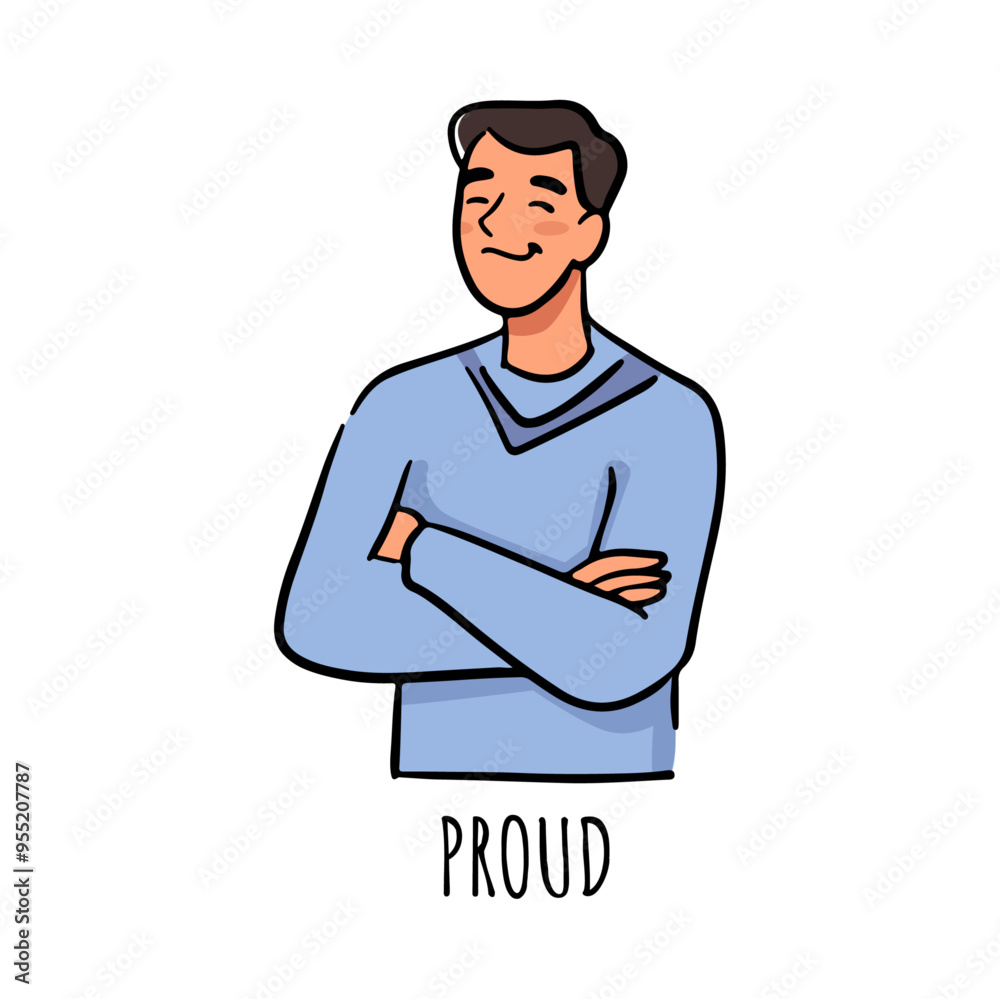 Proud man personage with closed eyes and light smile crossing arms on chest. Vector flat cartoon isolated male character doodle showing glad or joyful facial expressions, prideful and satisfied guy Proud man personage with closed eyes and light smile crossing arms on chest. Vector flat cartoon isolated male character doodle showing glad or joyful facial expressions, prideful and satisfied guy